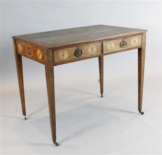 A George III marquetry inlaid satinwood writing table, W.3ft 3in. D.2ft 2in. H.2ft 7in.